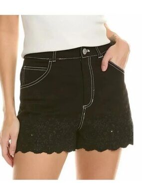 STAUD New Noemie Black Eyelet Embroidered Scallop-Hem Denim Shorts Women’s 4 NWT